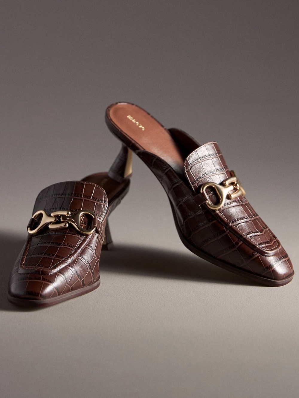Anthropologie Maeve Croc Embossed Heeled Loafer Mules Chocolate Brown 9